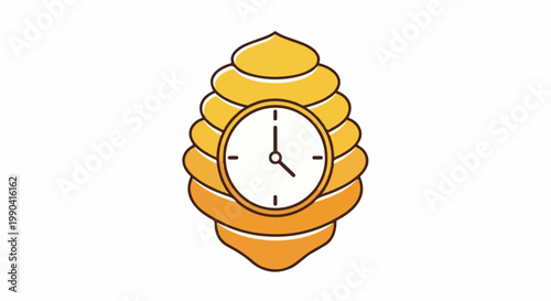 Stylized beehive with a clock face embedded in its center, rendered in warm yellow and orange hues