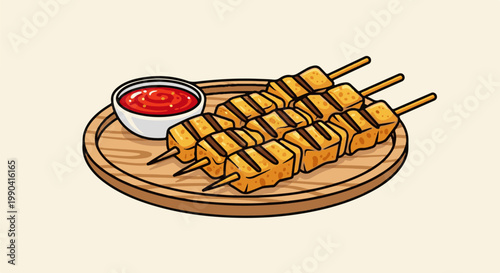Grilled skewers with dipping sauce on a wooden platter