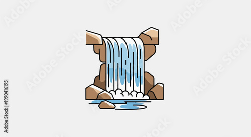 A stylized illustration of a waterfall cascading over rocks into a pool below