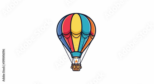 Colorful hot air balloon with a burning flame in the basket, suspended against a white background