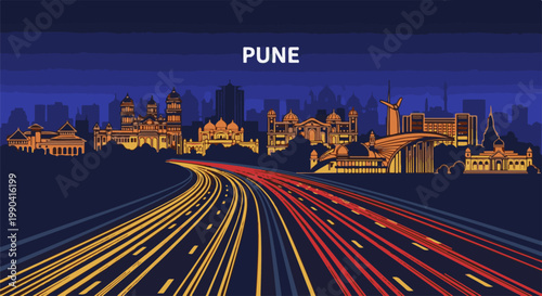 Nighttime cityscape with illuminated buildings and streaking car lights on highway