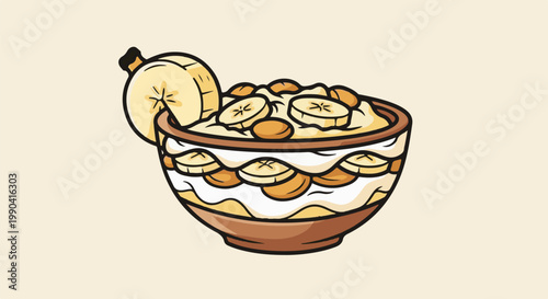 A delightful bowl of layered banana pudding with whipped cream and crunchy toppings