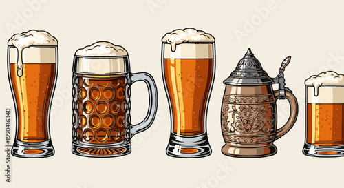 Assortment of frothy amber liquid in various glassware