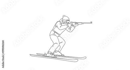 A detailed line drawing depicts a biathlete aiming a rifle while skiing across snowy terrain high quality professional