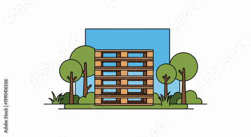 Stacked wooden pallets displayed outdoors amidst trees and blue background