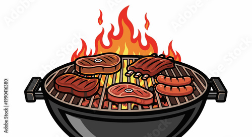 A charcoal grill is loaded with various cuts of meat cooking over bright flames