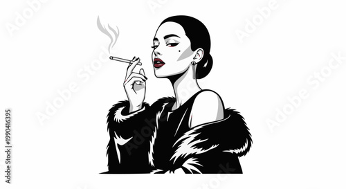 Stylized portrait of a woman with dark hair, red lipstick, and a fur coat, smoking a cigarette
