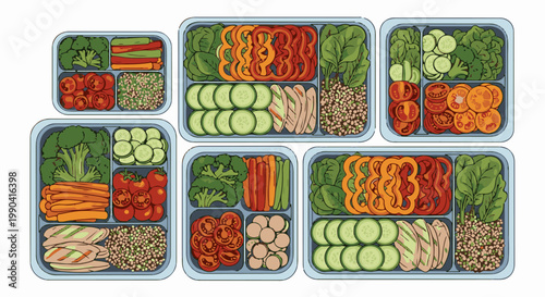 Multiple colorful meal prep containers filled with healthy, fresh ingredients arranged neatly