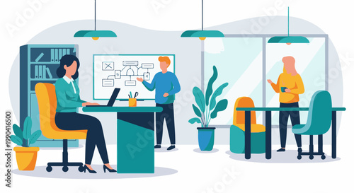 People collaborating in modern office with whiteboard and plants