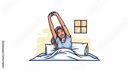 Cheerful woman waking up and stretching in bed, with sunlight streaming through a window