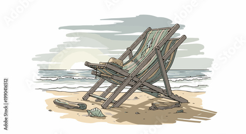 Empty beach chair and hat sit on a sandy shore with gentle waves