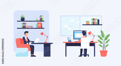 Two individuals working on laptops and computers at their desks in office environments