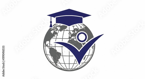 Graduation cap icon over globe with diploma tassel and blue academic mark for worldwide education and success
