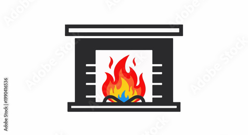 A stylized depiction of a fireplace with bright orange and yellow flames