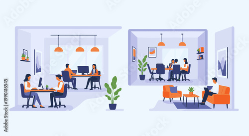 Diverse individuals collaborate and work in modern office spaces with plants and art