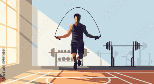 Athletic man with jump rope in a well-lit gym, surrounded by weights and workout equipment