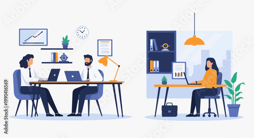 Modern office workers collaborate at desks with laptops, charts, and plants