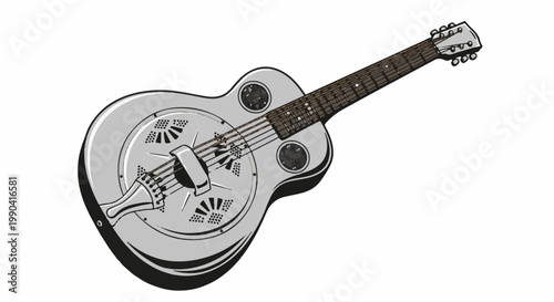 A silver resonator guitar with a dark fretboard rests against a white background