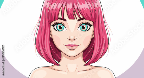 Stylized portrait of a person with vibrant pink hair and striking teal eyes