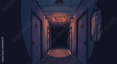 Dim, pixelated hallway with two doors, a broken light fixture, and a cracked mirror