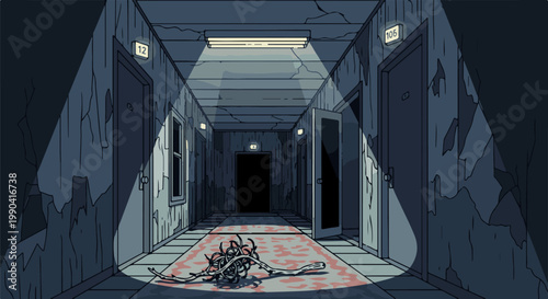 Dark, cracked hallway with doors and mysterious organic form on bloody rug