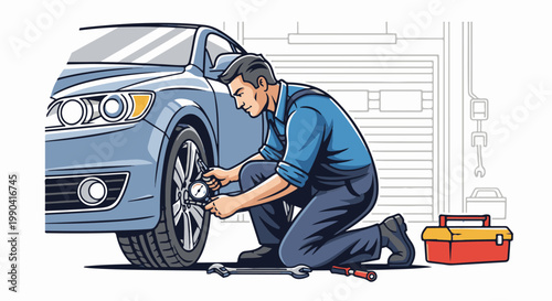 Mechanic checks tire pressure on a car in a workshop