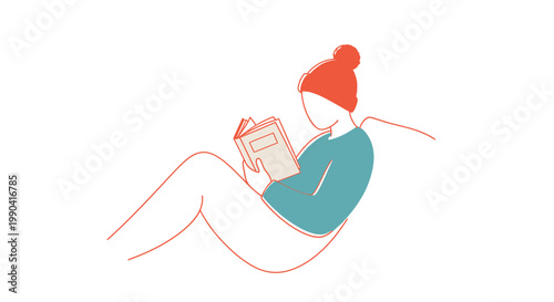 Minimalist illustration of a person in beanie reading a book