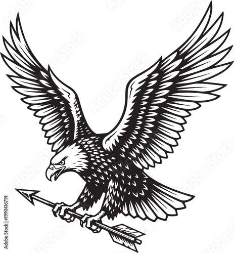 flying a Eagle Holding Arrow Black and White.