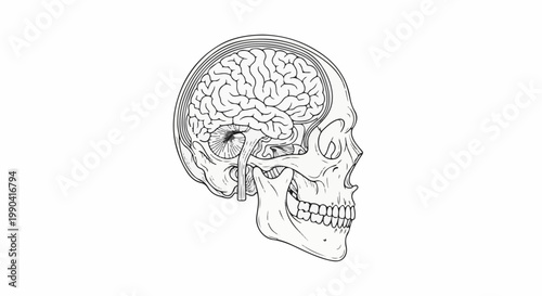 Detailed black and white illustration of a human skull with a cross-section revealing the brain