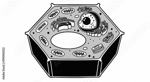 Black and white illustration of a hexagonal plant cell, showing nucleus, vacuole, mitochondria, and ER
