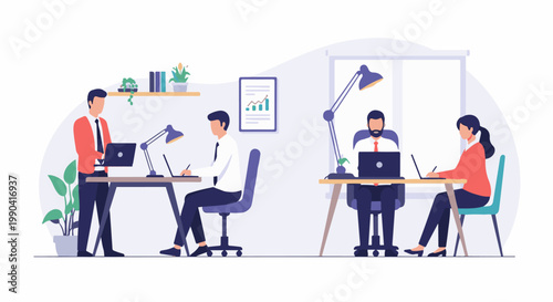 Diverse professionals collaborate in a modern, bright office workspace