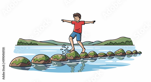 Boy balances on stepping stones in a tranquil stream, surrounded by nature