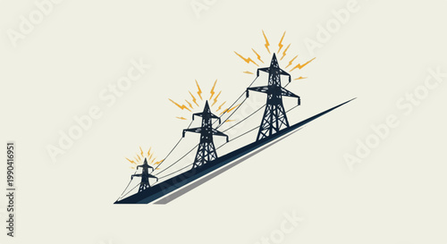 Three tall electrical towers with lightning bolts emanating from their tops, set against a pale background