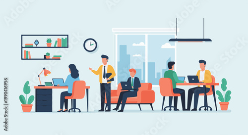 Diverse individuals collaborate in a modern office setting, working on laptops and engaging in discussion