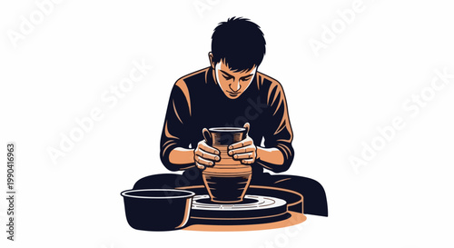 A person intently shapes a clay pot on a spinning wheel with focused hands