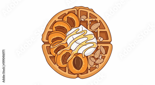 Delicious waffle topped with fresh apricots, cream, and honey, garnished with almonds