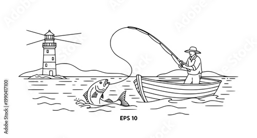 Minimalist Fisherman Boat Scene Line Art Vector Illustration