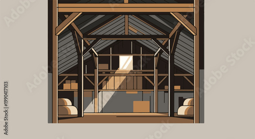 Interior view of a rustic wooden structure with hay bales and stacked boxes under natural light