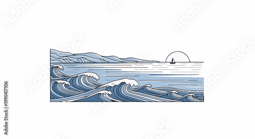 Stylized ocean waves crash with a distant sailboat on the horizon under a setting sun