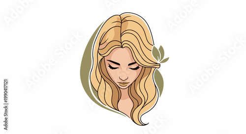 Artistic depiction of a young woman's serene face with flowing blonde hair and a subtle leaf accent