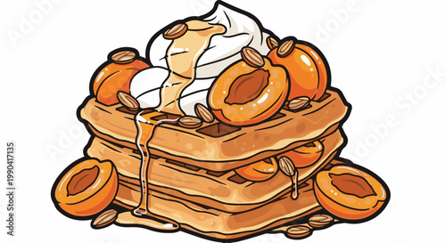 Stacked waffles topped with whipped cream, honey, sliced apricots, and almonds