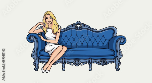 Elegant blonde woman in a white dress relaxes on a plush blue ornate sofa