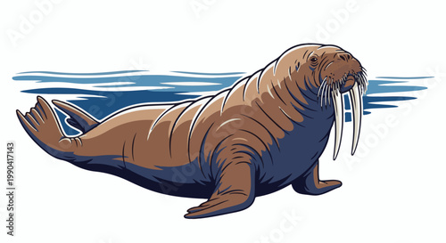A cartoon walrus with large tusks swims in blue water, set against a white background