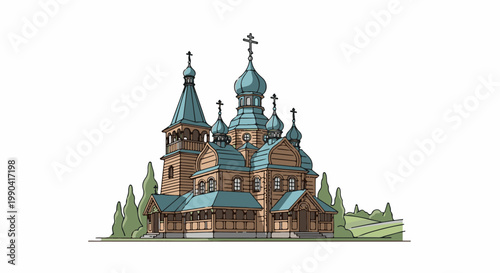 Ornate wooden church with multiple teal onion domes and crosses