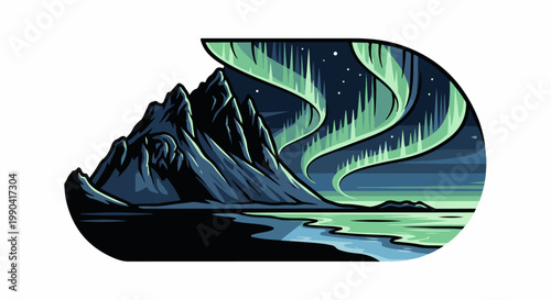 Jagged peaks overlook a tranquil bay under the ethereal glow of the Northern Lights