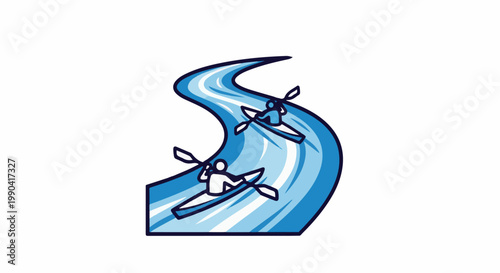 Two kayakers navigate a curving, stylized blue river