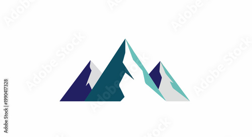 Stylized mountain peaks in shades of blue, teal, and white