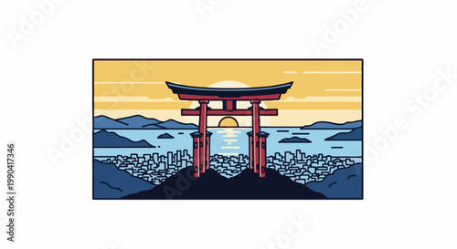A stylized pixel art scene depicts a vibrant sunset over a serene bay with a traditional Japanese torii gate
