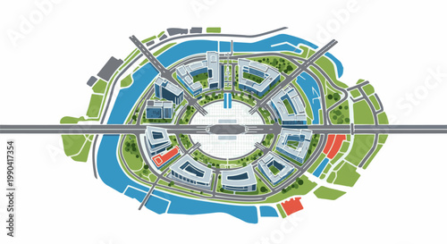 Bird's-eye view of a circular city plan with modern buildings, waterways, and roads