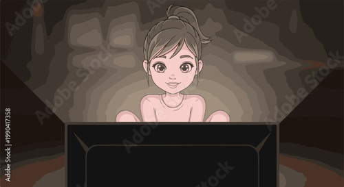A young girl with her hair in a ponytail, smiling and watching something on a dark screen